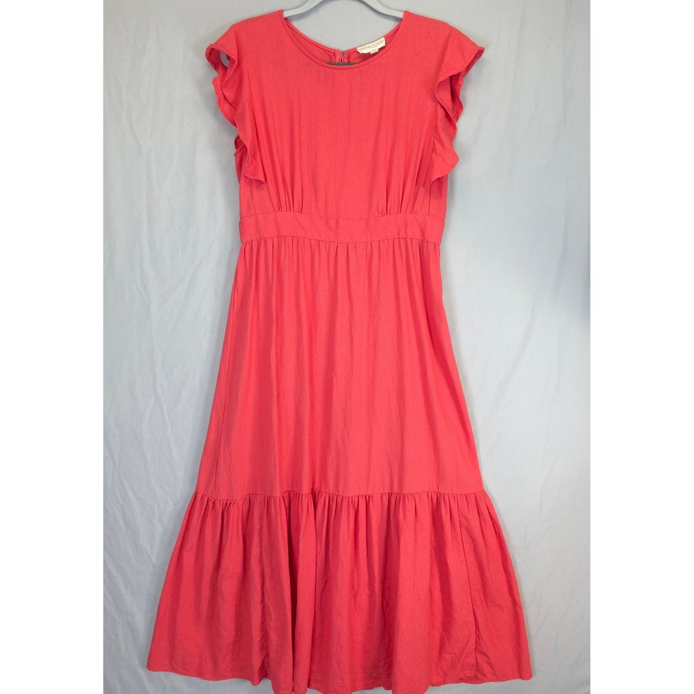 Cynthia Rowley Linen Blend Dress Coral Midi Ruffle Sleeve Fit Flare L Feminine